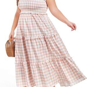 Plus Size Women's Summer Maxi Dress Sleeveless Plaid Tiered Pockets